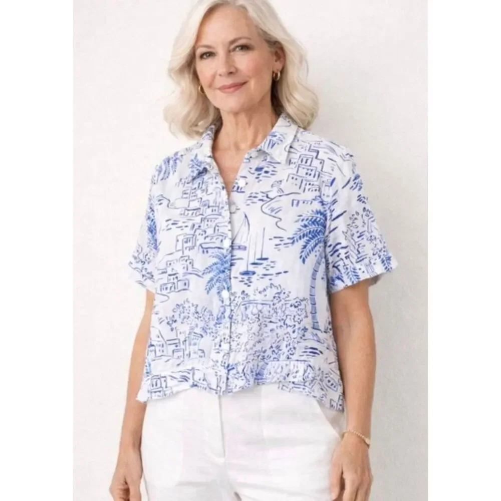 Calypso St Barth White and Blue Linen Blend Scenic Print Cityscape Crop Top